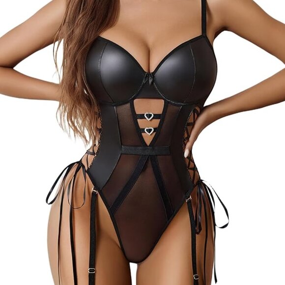 Avidlove Other - Leather Teddy Lingerie Mesh Bodysuit